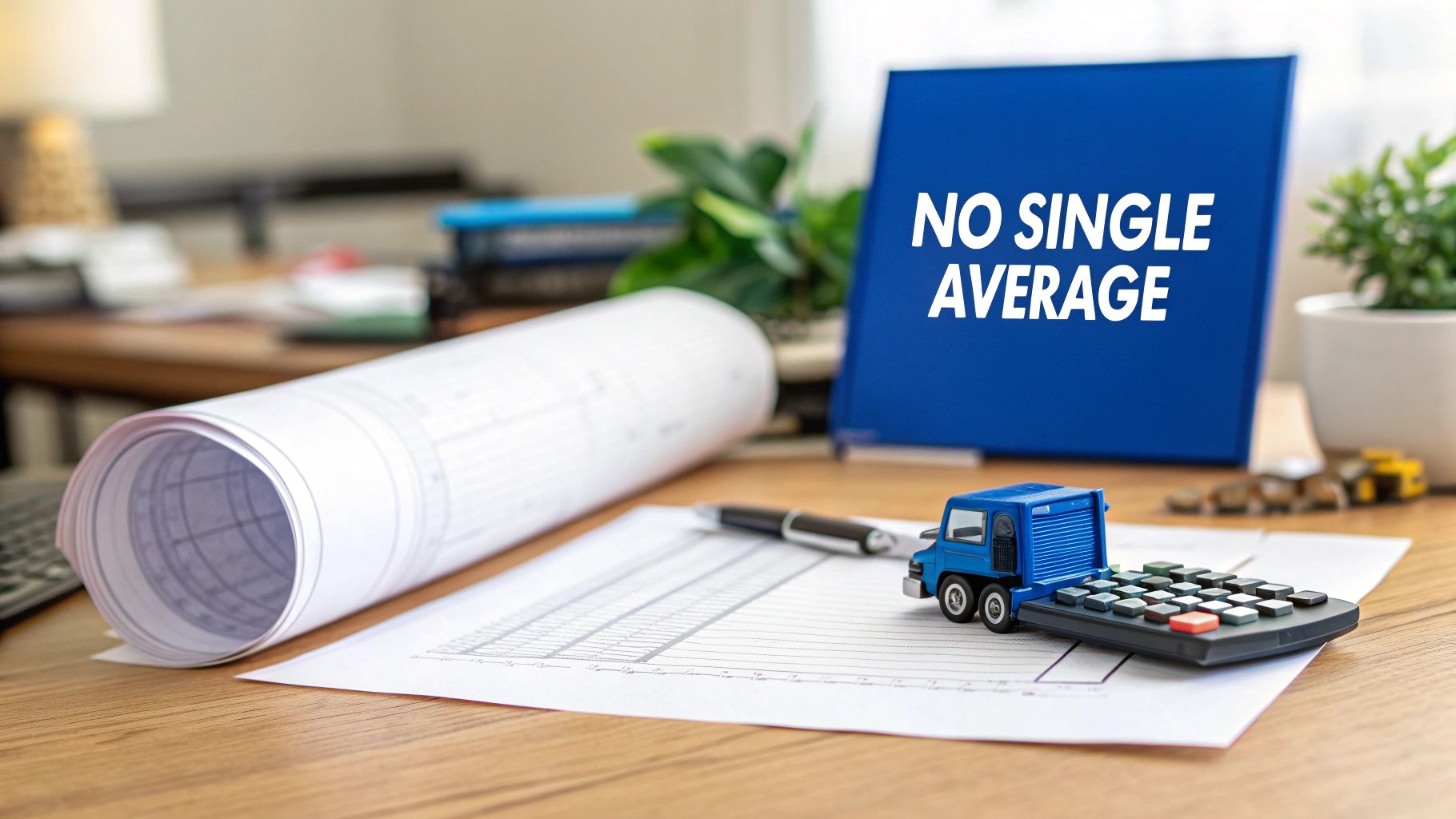A desk setup with blueprints, a toy truck, a calculator, and a blue sign stating 'NO SINGLE AVERAGE'.