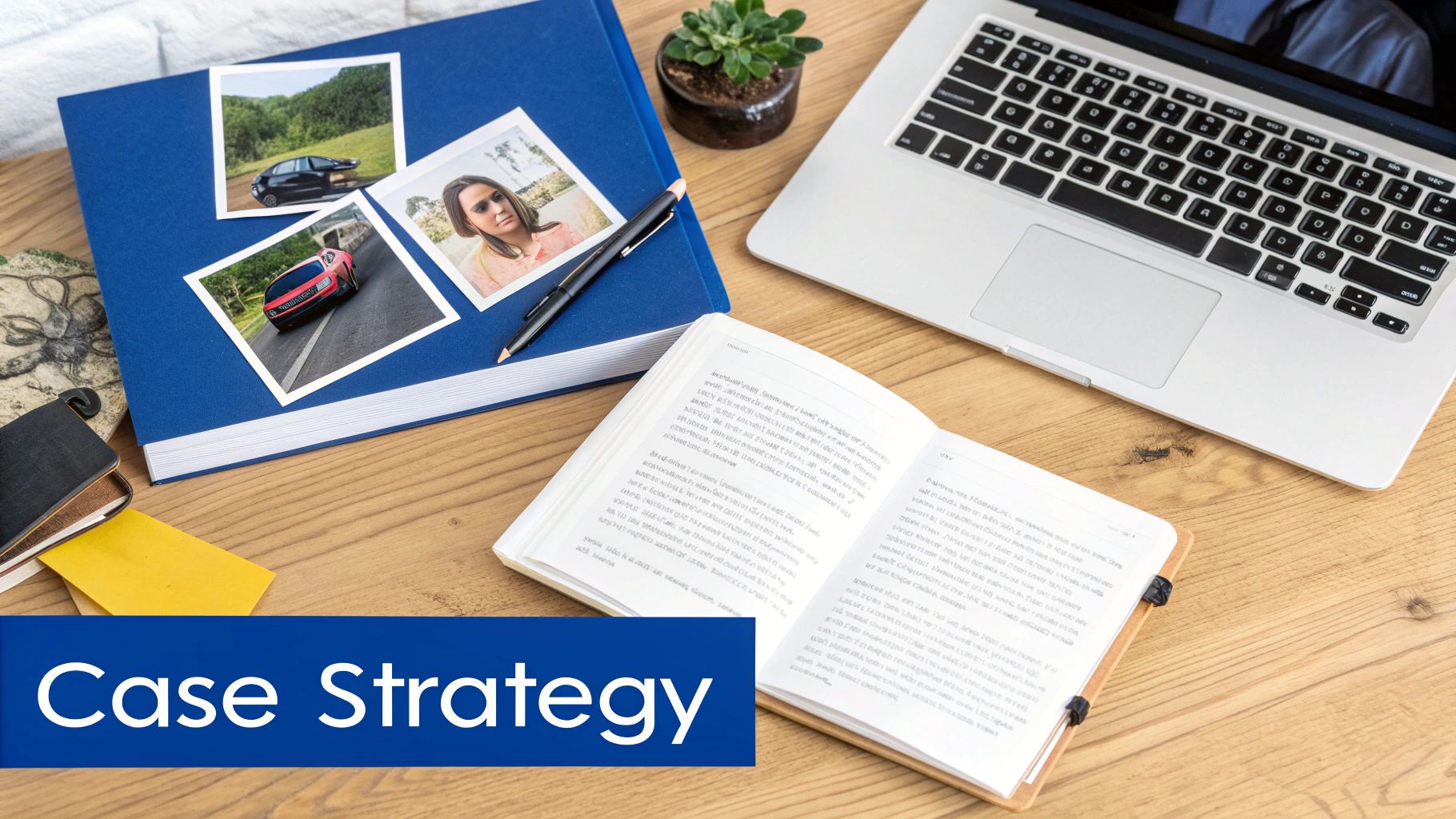 A desk with a blue photo album displaying car and portrait photos, an open notebook, and a laptop.