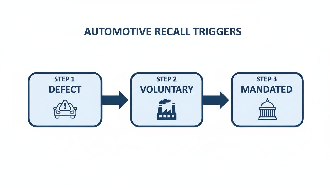 Flowchart illustrating automotive recall triggers: Step 1 Defect, Step 2 Voluntary, Step 3 Mandated, with corresponding icons.