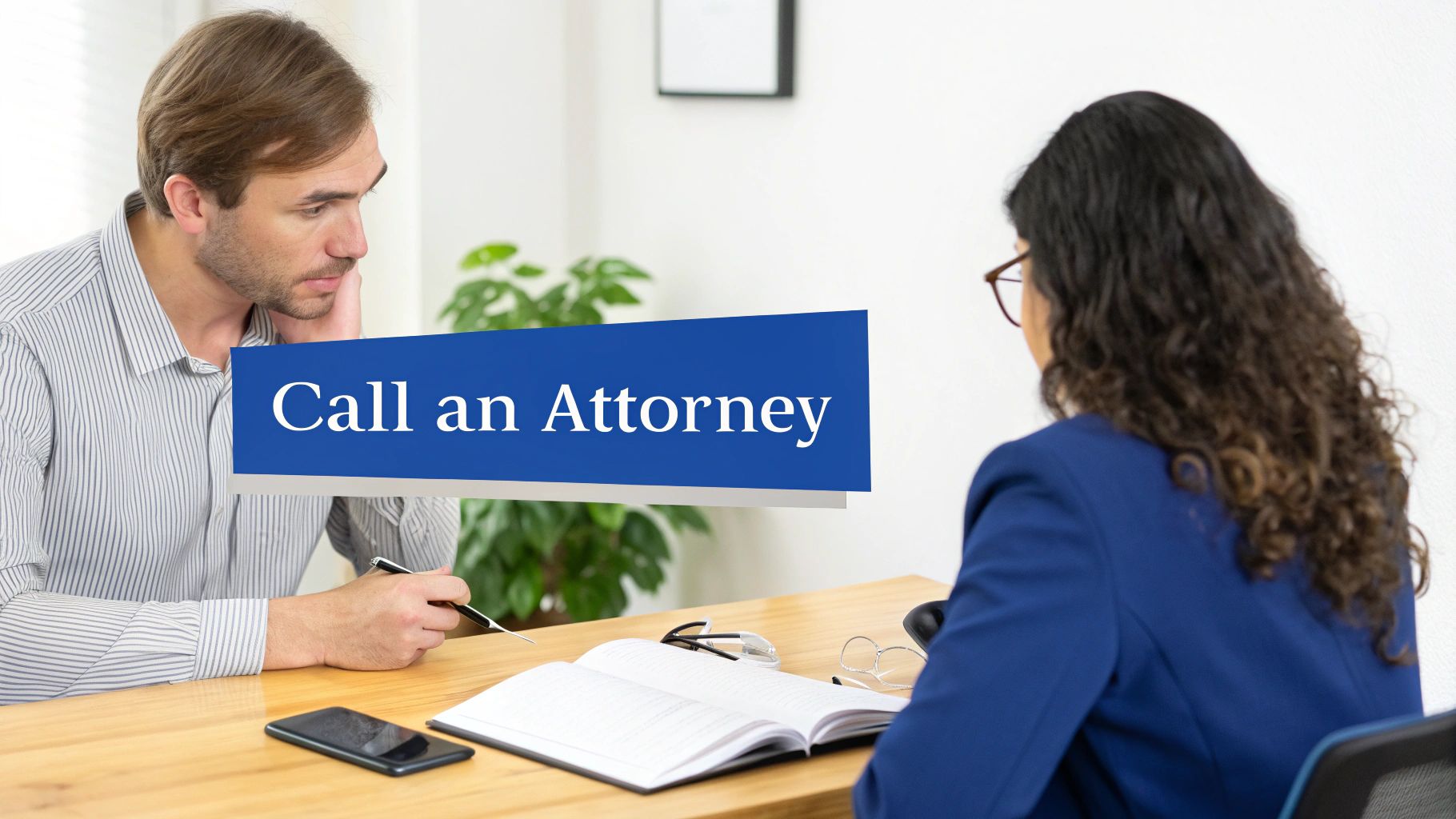 Two people, possibly a client and an attorney, discussing at a desk with a 'Call an Attorney' banner.