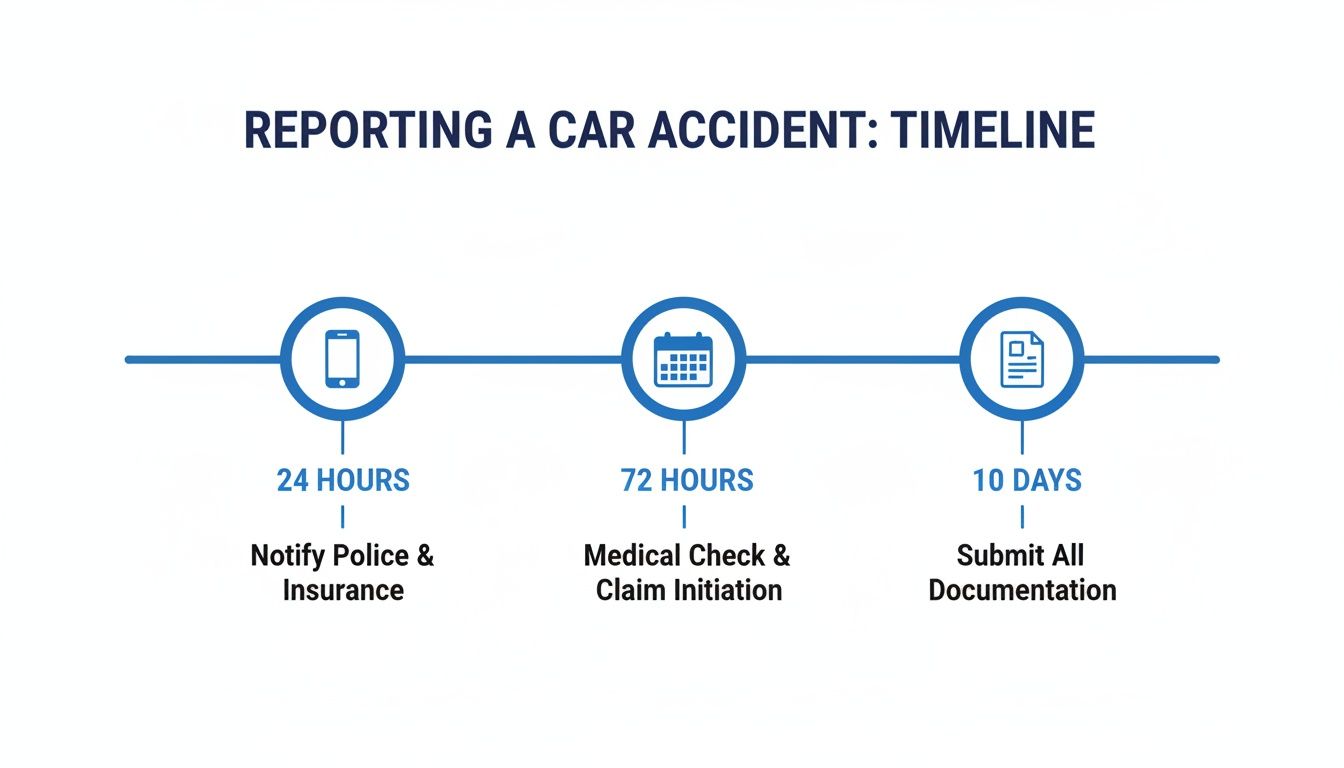 A timeline graphic showing steps to report a car accident within 24 hours, 72 hours, and 10 days.