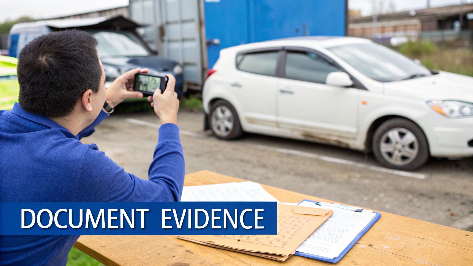 A man photographs a white car with a smartphone, with documents on a table in the foreground.