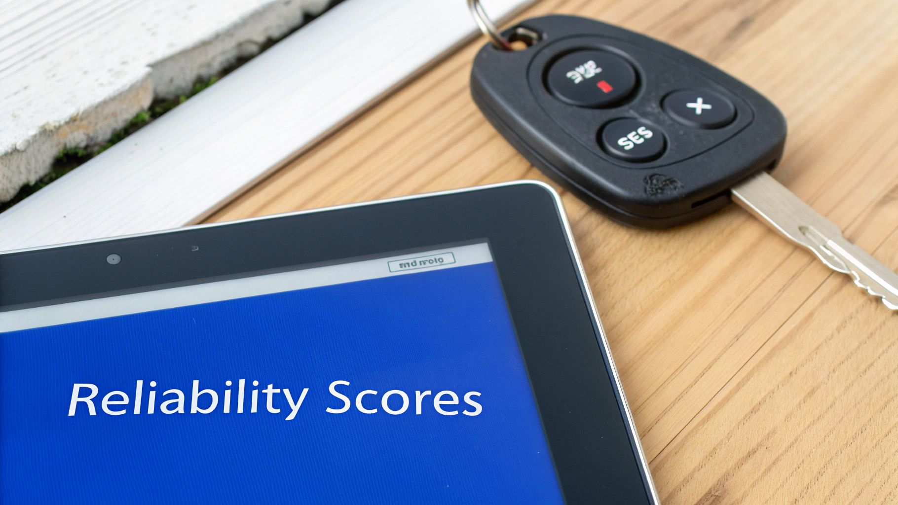 A tablet displays "Reliability Scores" on a blue screen next to a car key on a wooden desk.
