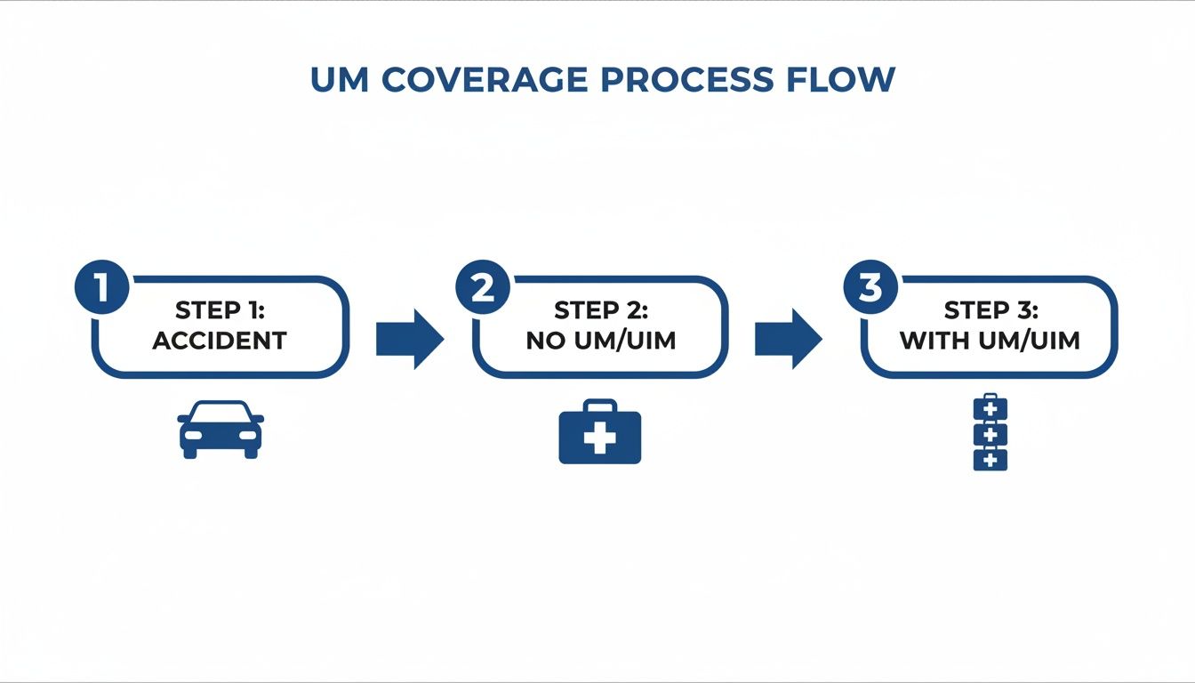 Flowchart showing three steps of the UM Coverage Process: Accident, No UM/UIM, and With UM/UIM.