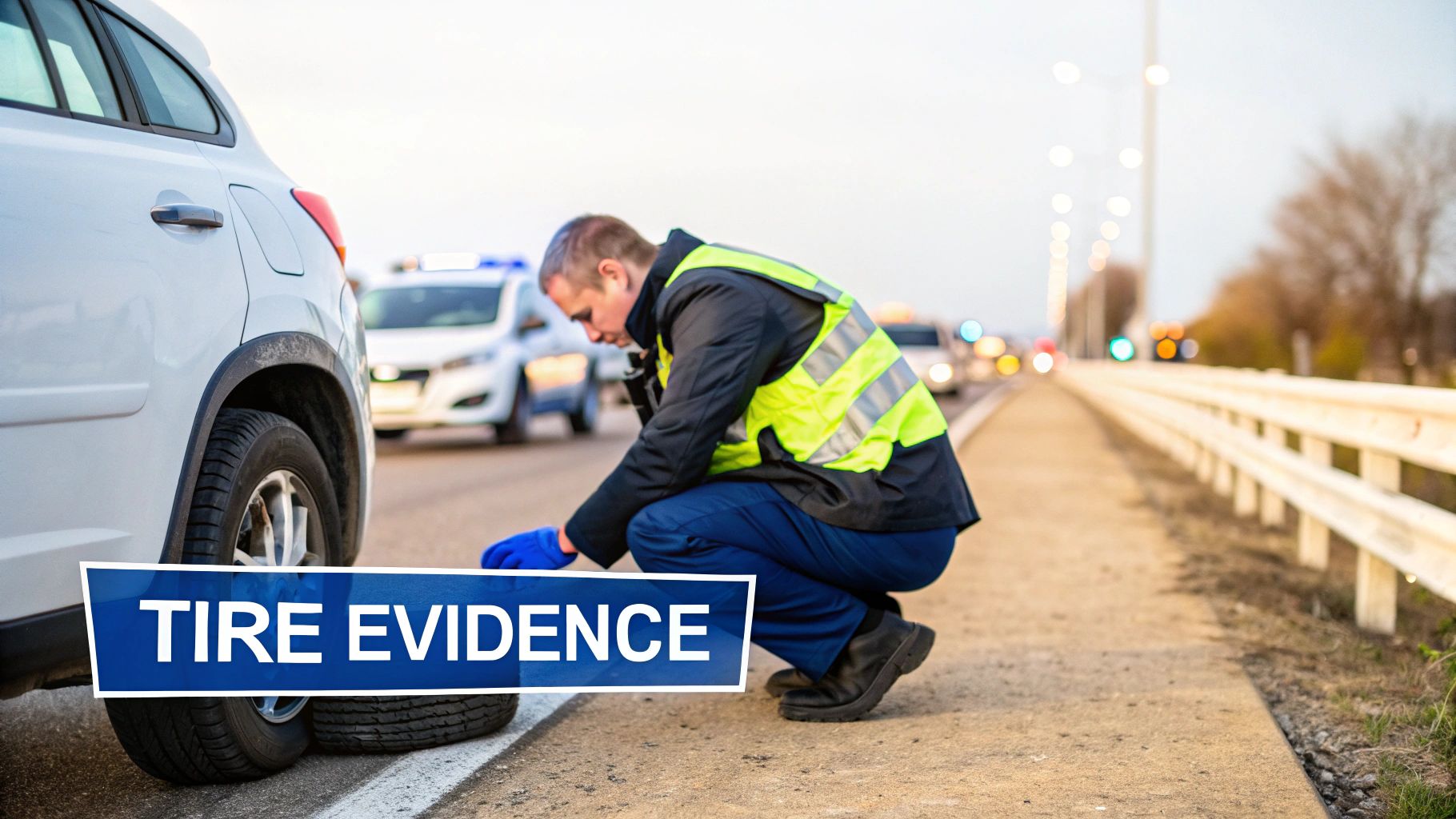An investigator in a reflective vest examines tire evidence next to a white car on the roadside.