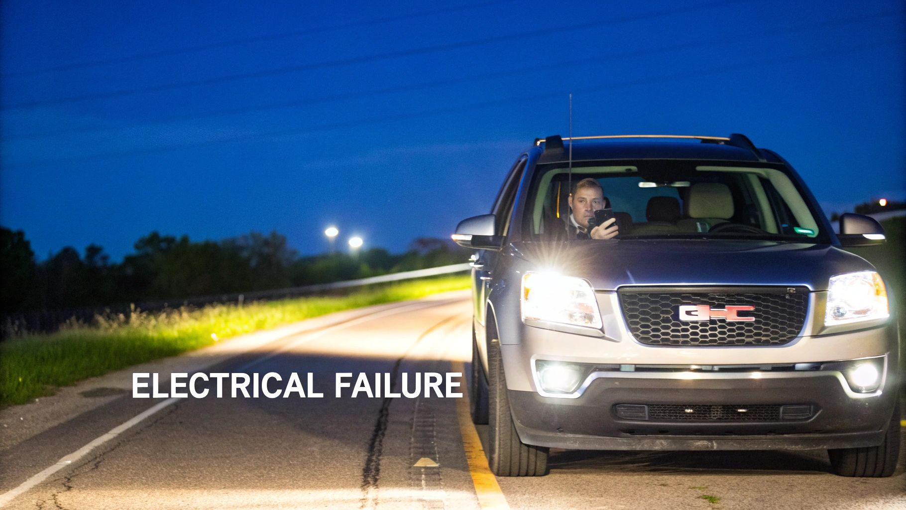 A man in a GMC Acadia at night using a phone on a roadside, text 'ELECTRICAL FAILURE' visible.