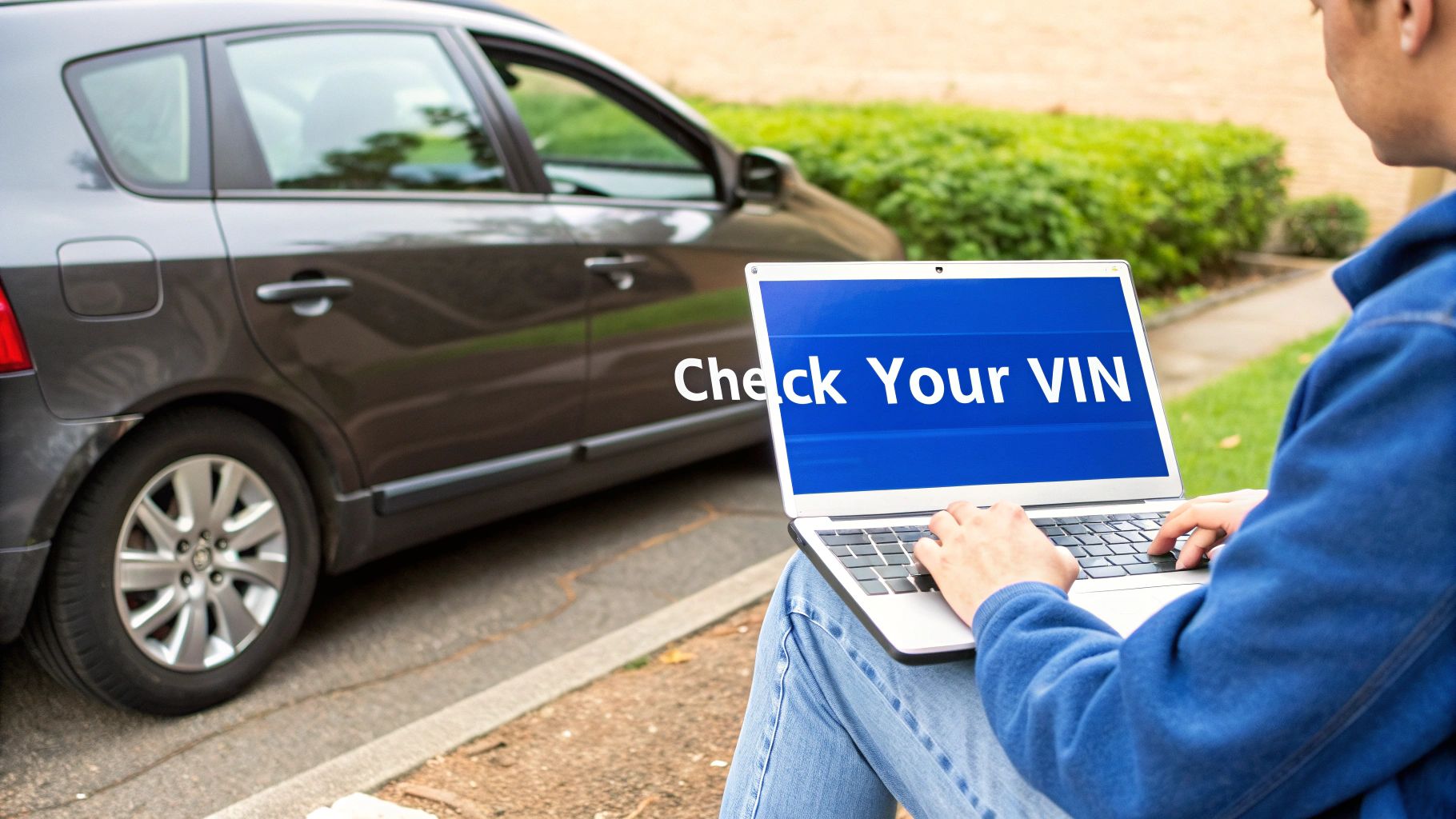 A person uses a laptop to check a car's VIN, with a dark grey vehicle visible in the background.