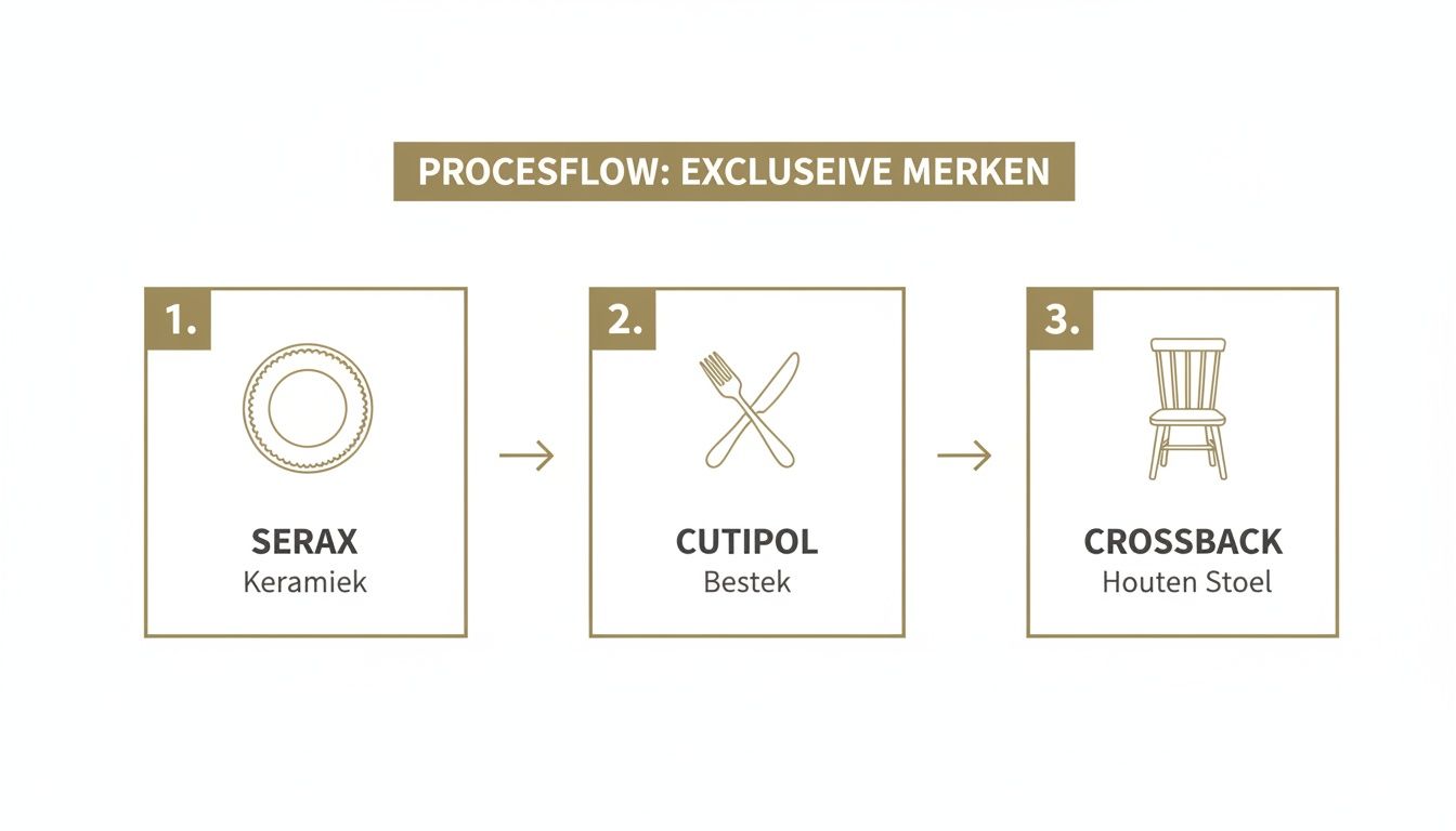 Procesflow van exclusieve merken: Serax (keramiek), Cutipol (bestek) en Crossback (houten stoel).
