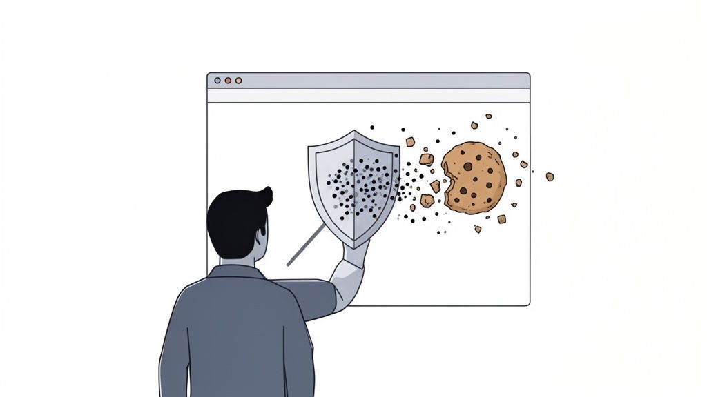 Een persoon beschermt een browservenster met een schild tegen een afbrokkelende cookie, wat privacybescherming symboliseert.