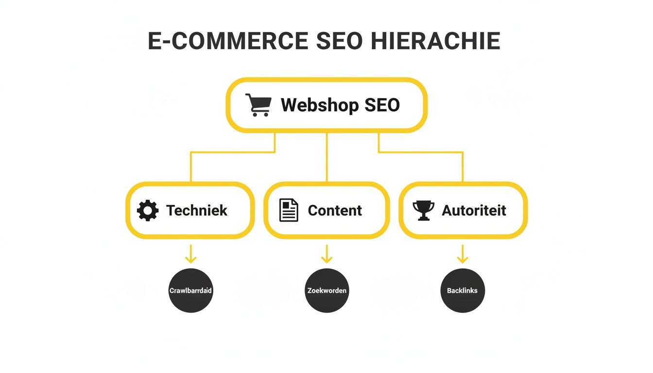 Een hiërarchisch overzicht van e-commerce SEO, met pijlers zoals techniek, content en autoriteit, en hun onderliggende factoren.