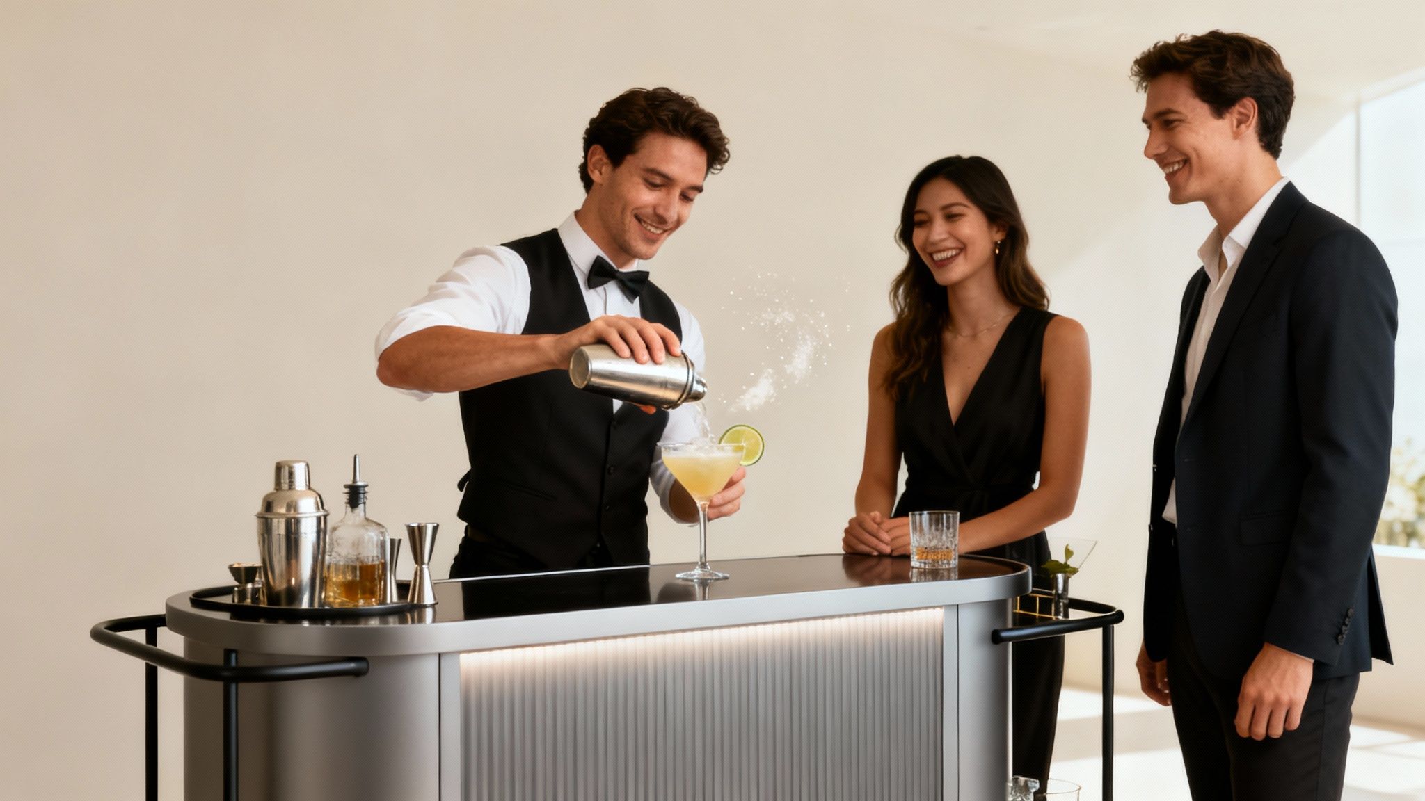 Een stijlvolle mobiele bar op een evenement waar gasten genieten van hun cocktails