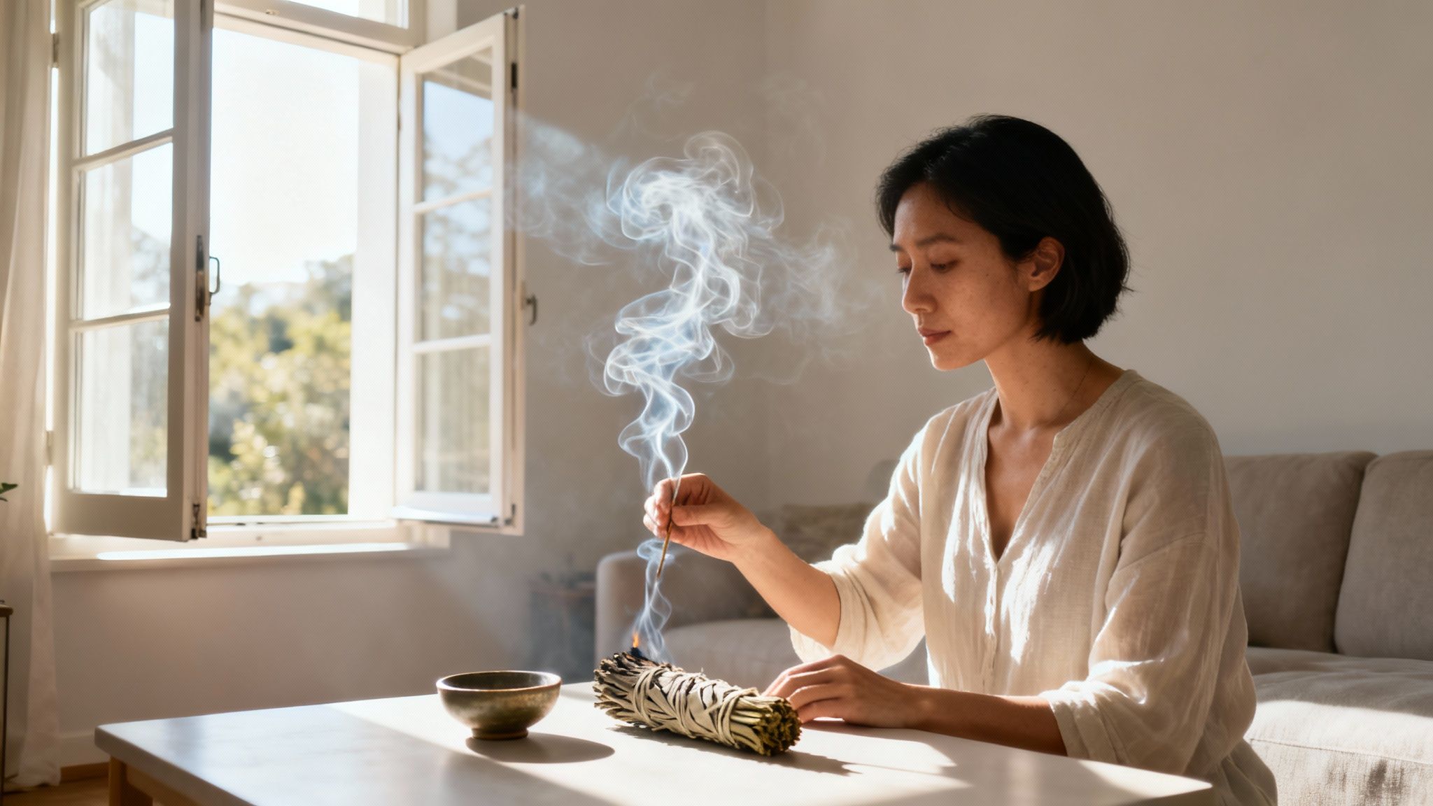 Een vrouw met kort haar zit aan een tafel en steekt witte salie aan, met rook die opstijgt bij een open raam.