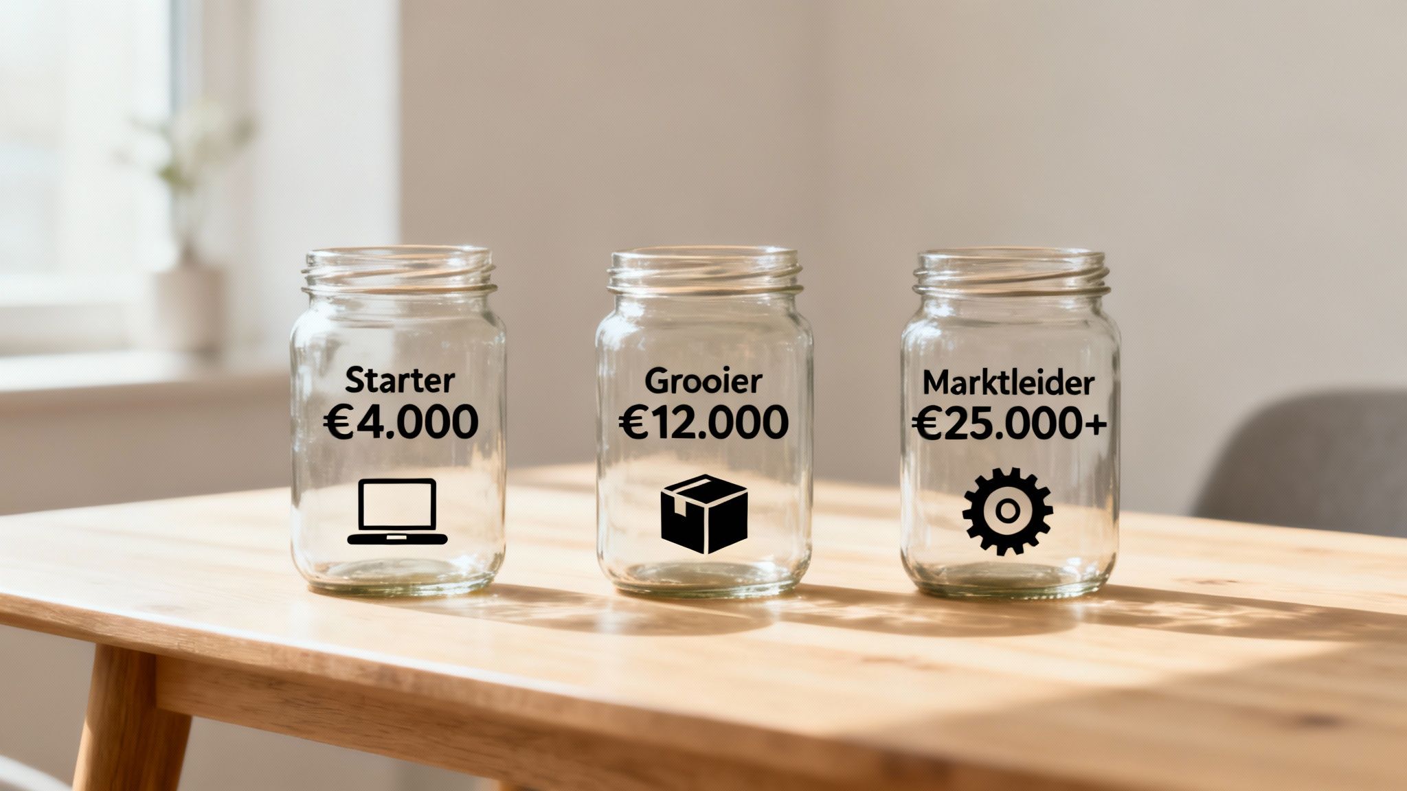 Een werkplek met een laptop, rekenmachine en notities, die de planning van webshop kosten symboliseert.