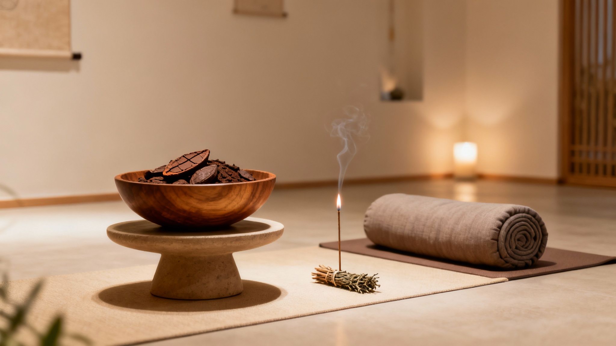 Rustgevende cacao ceremonie opstelling met houten kom cacaobonen, wierook en yogamat op vloer