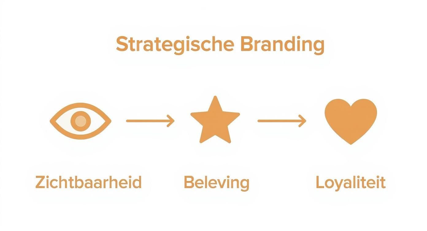 Strategische branding proces diagram met iconen voor zichtbaarheid, beleving en loyaliteit in oranje tinten