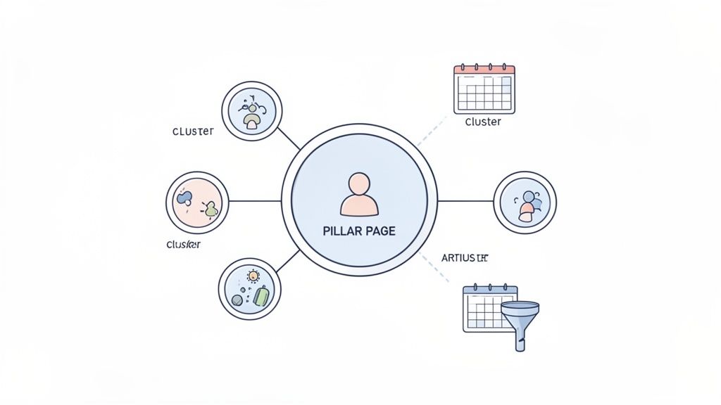 Visuele weergave van een SEO pillar page strategie met een centrale pagina en gerelateerde clusteronderwerpen.
