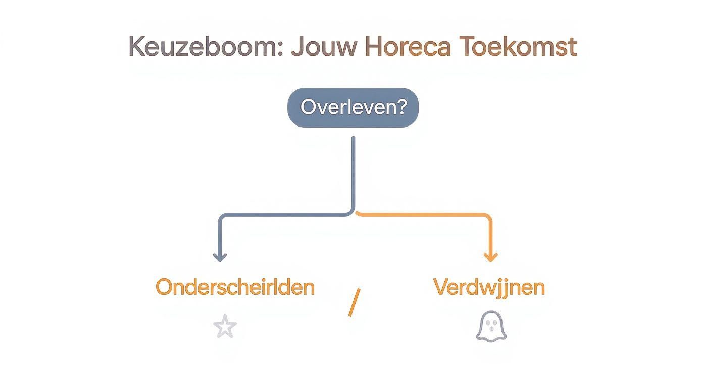 Een beslisboom die de toekomst van de horeca onderzoekt, met keuzes om te overleven: 'Onderscheiden' of 'Verdwijnen'.