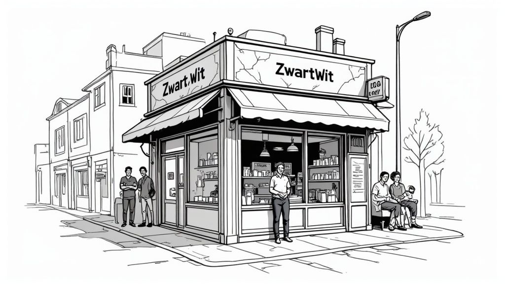 Een zwart-wit illustratie van een winkelpand 'ZwartWit' met mensen buiten en op de stoep.