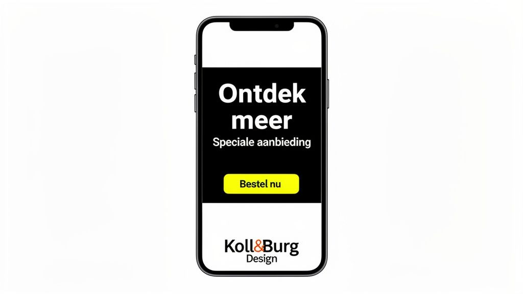 Mobiele advertentie op een smartphone met de tekst 'Ontdek meer', 'Speciale aanbieding' en 'Bestel nu'.