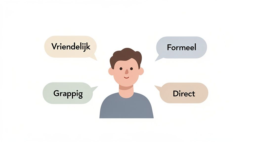 Illustratie van een persoon omringd door spraakbellen met verschillende tonen van stem: vriendelijk, formeel, grappig, direct.