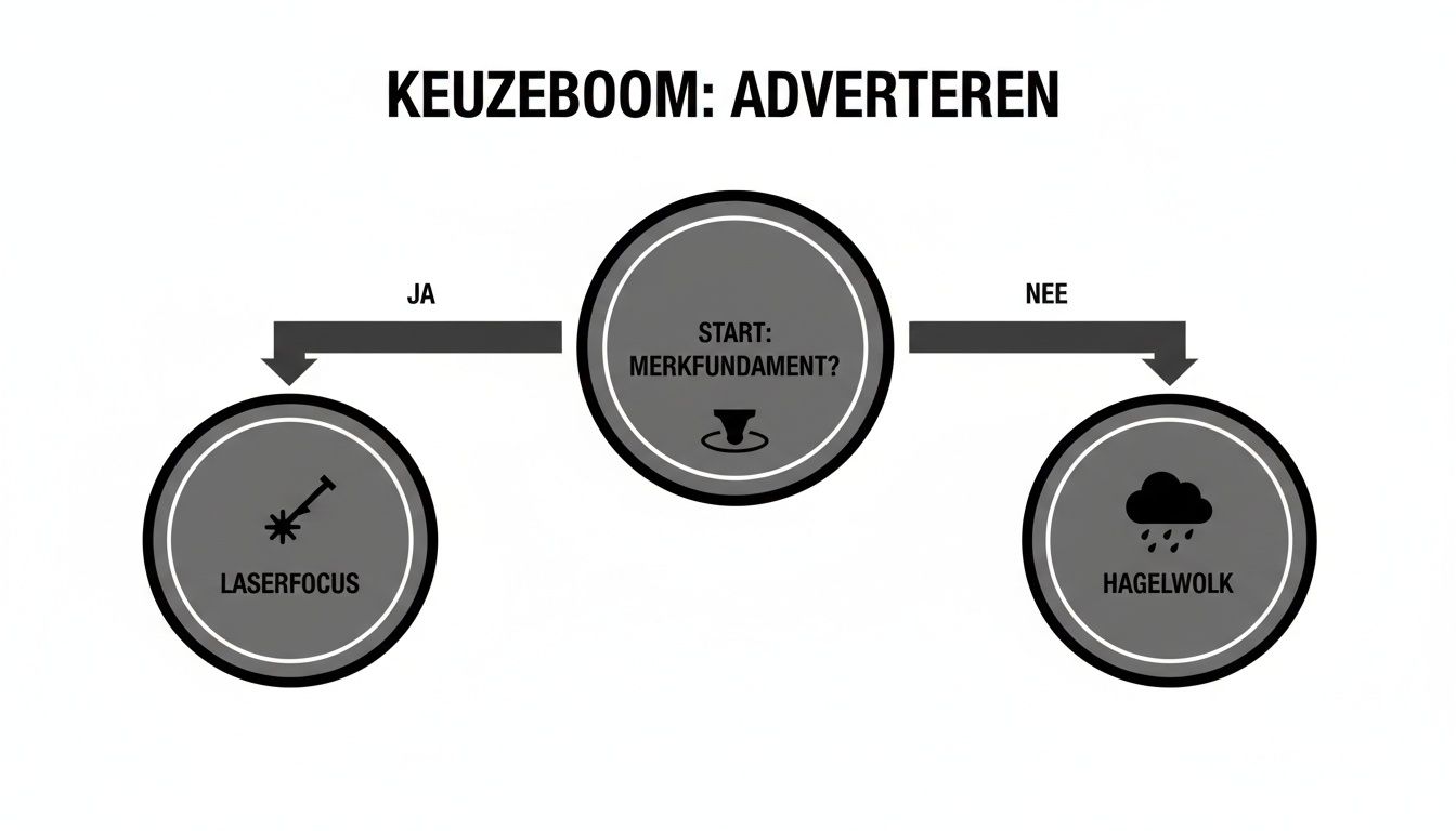 Een stroomschema over adverteren. De vraag 'Start: Merkbekendheid?' leidt naar 'Laserfocus' bij ja, of 'Hagelwolk' bij nee.