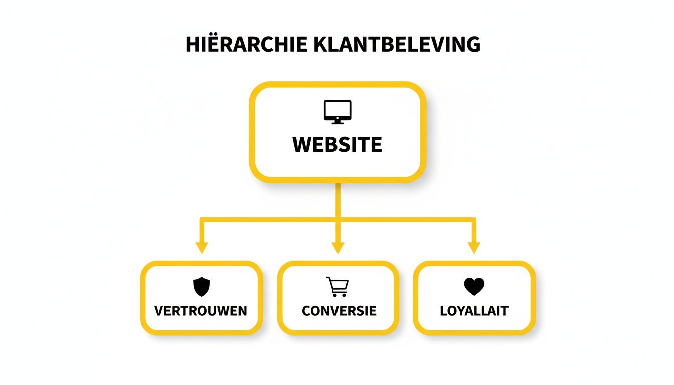 Hiërarchie van klantbeleving diagram met website bovenaan, leidend tot vertrouwen, conversie en loyaliteit.