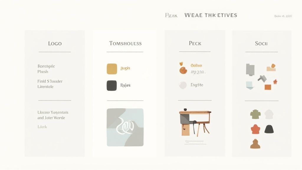 Overzicht van visuele identiteitselementen inclusief logo, typografie, kleurenpalet en sociale media pictogrammen