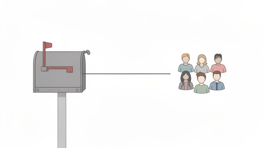 Een grijze brievenbus met een rode vlag is verbonden met zes pictogrammen van mensen op een witte achtergrond.