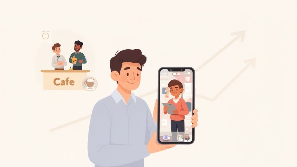 Man houdt smartphone vast met videogesprek, op de achtergrond een café en pijlen die groei aangeven.