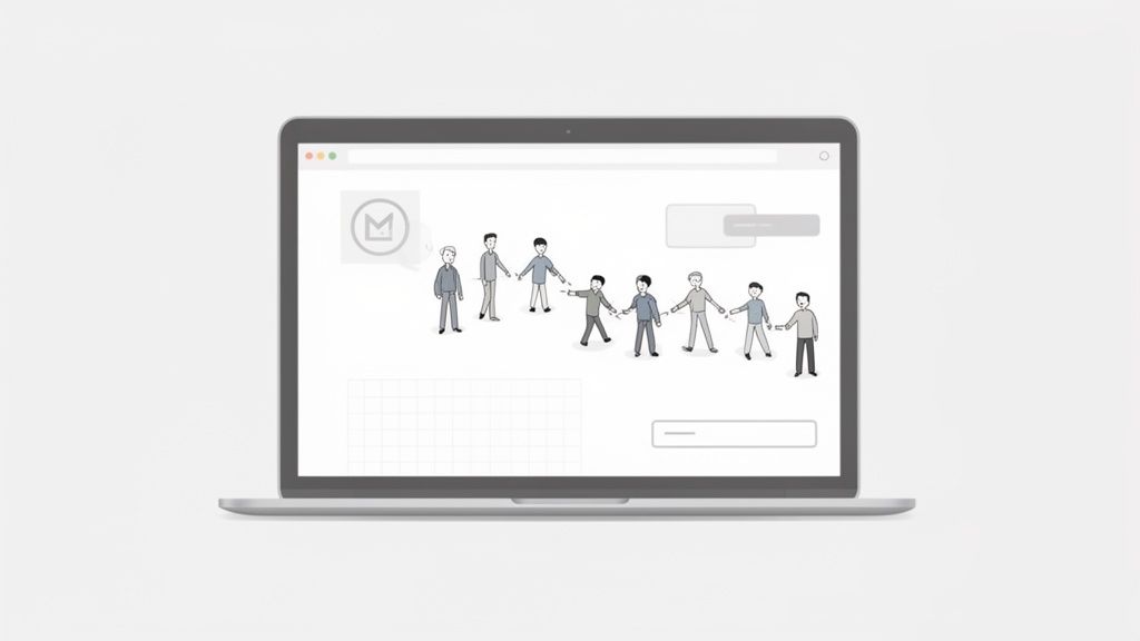Laptop met webpagina waarop tekenfilmfiguren van mensen handen vasthouden, symbool voor verbinding en netwerken.