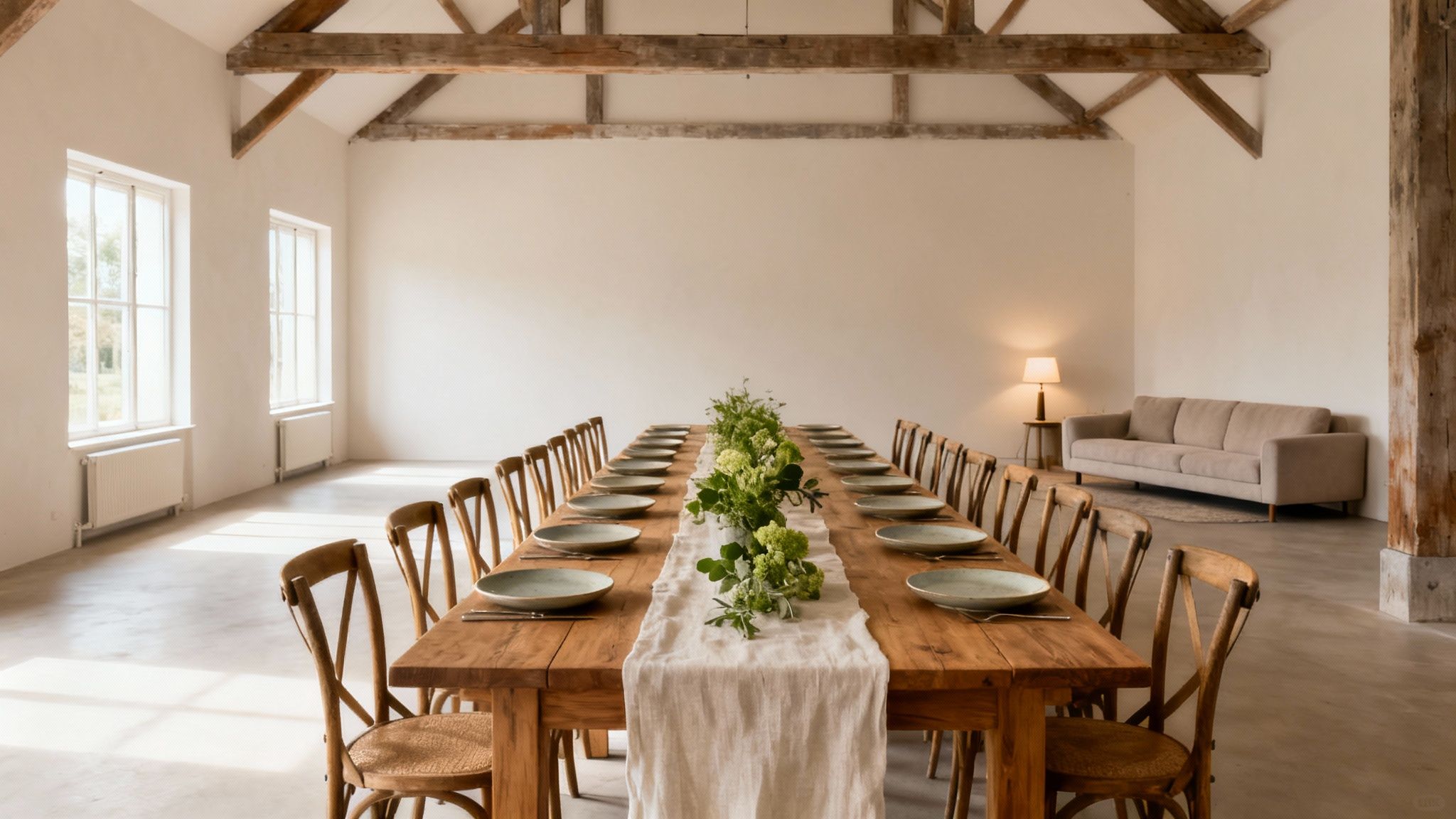 Lange houten eettafel met witte loper en groene bloemstukken in een ruime zaal met ramen en houten balken.