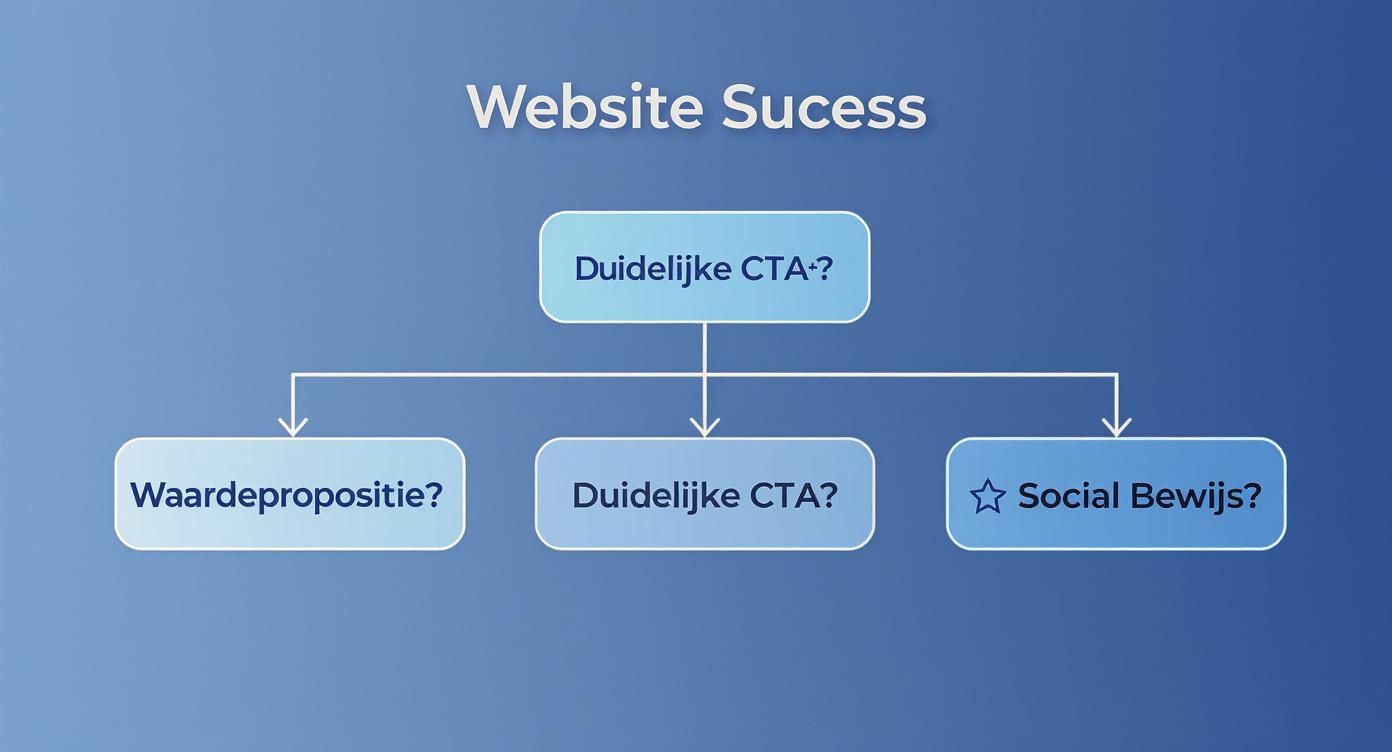 Een stroomschema over website succes met elementen zoals duidelijke call-to-actions, waardepropositie en sociaal bewijs.