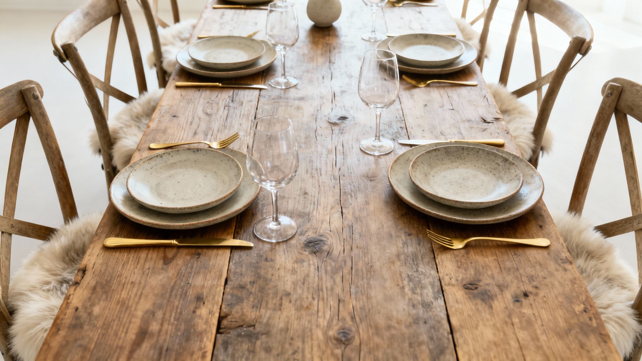 Rustieke houten eettafel gedekt met aardewerk servies, gouden bestek en wijnglazen, omringd door stoelen met schapenvacht.