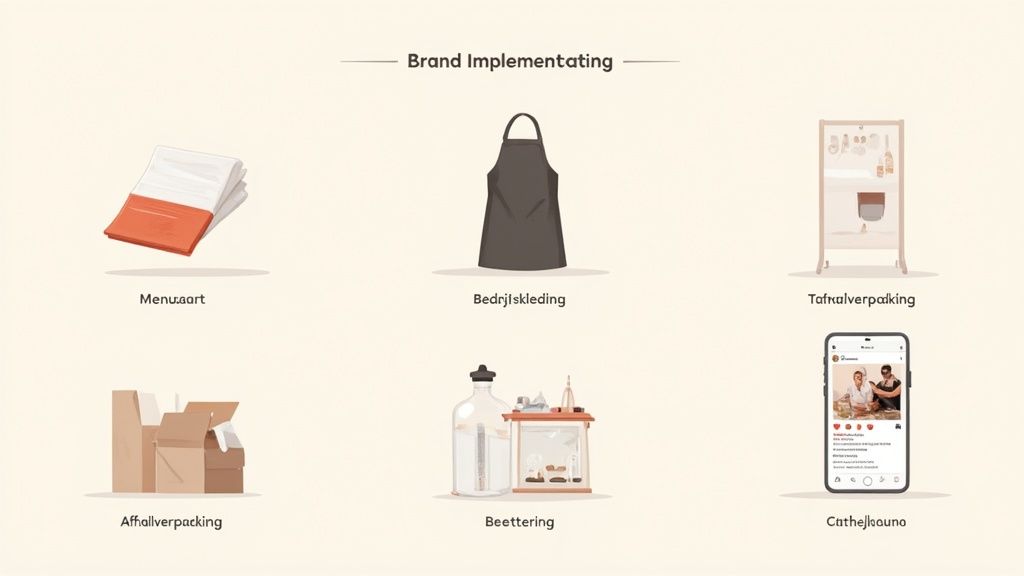 Afbeelding toont diverse elementen van merkimplementatie voor een restaurant, waaronder menukaarten, bedrijfskleding, verpakking en sociale media.
