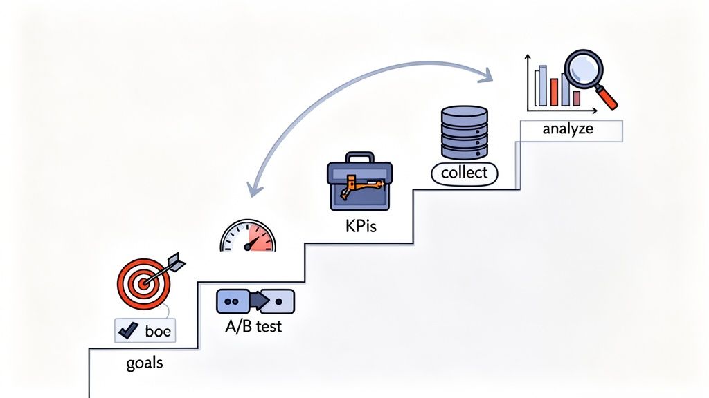 Een illustratie van een datagestuurd marketingproces, met stappen zoals doelen, A/B-testen, KPI's, gegevensverzameling en analyse.