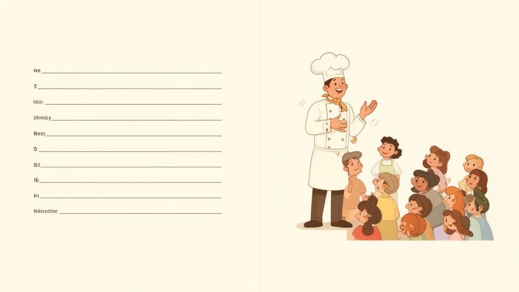 Een lachende chef-kok spreekt een groep aandachtige kinderen toe, met links een invulformulier.