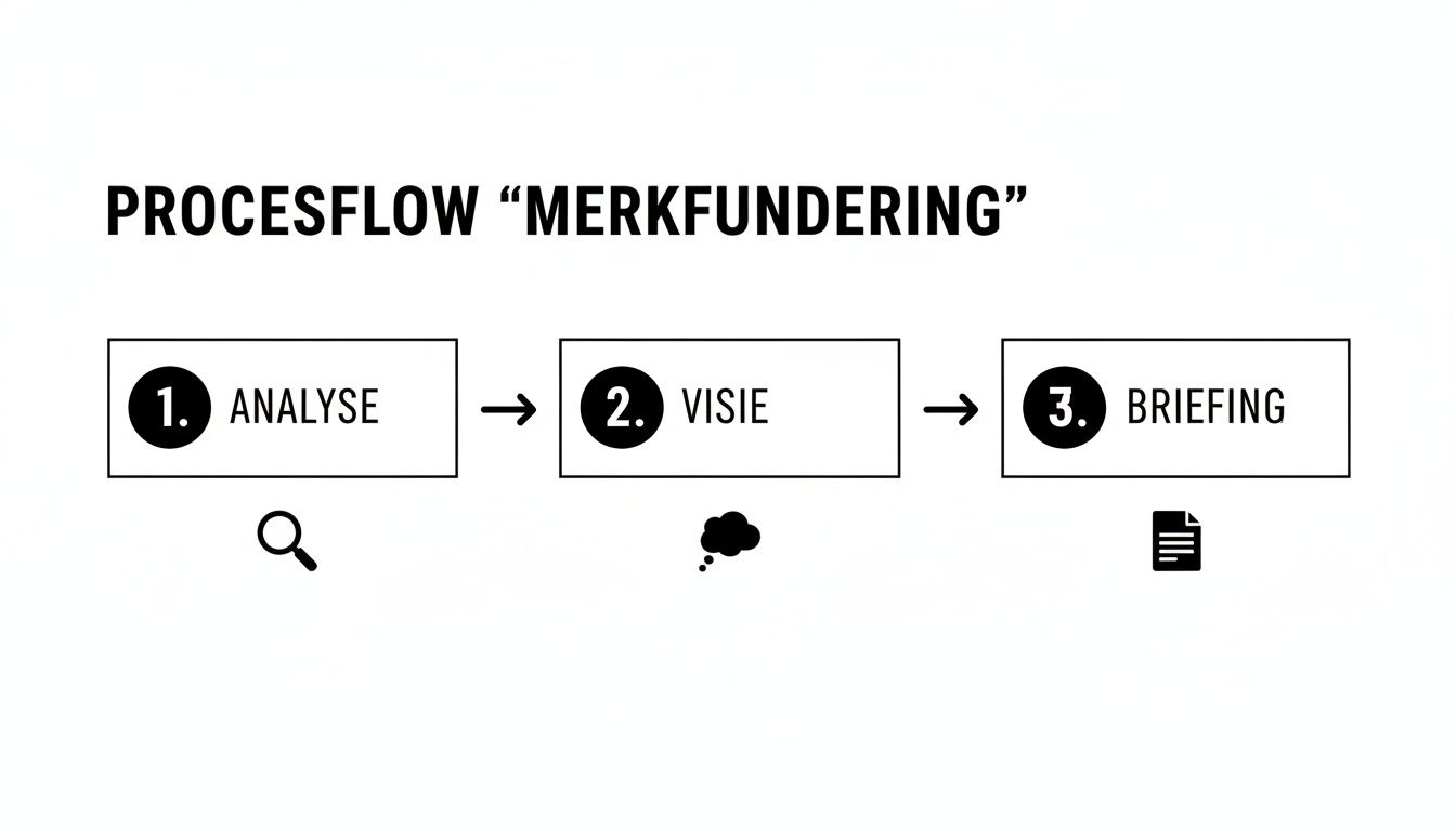 Processtroom voor 'Merkfundering' met drie stappen: analyse (vergrootglas), visie (denkwolk) en briefing (document).