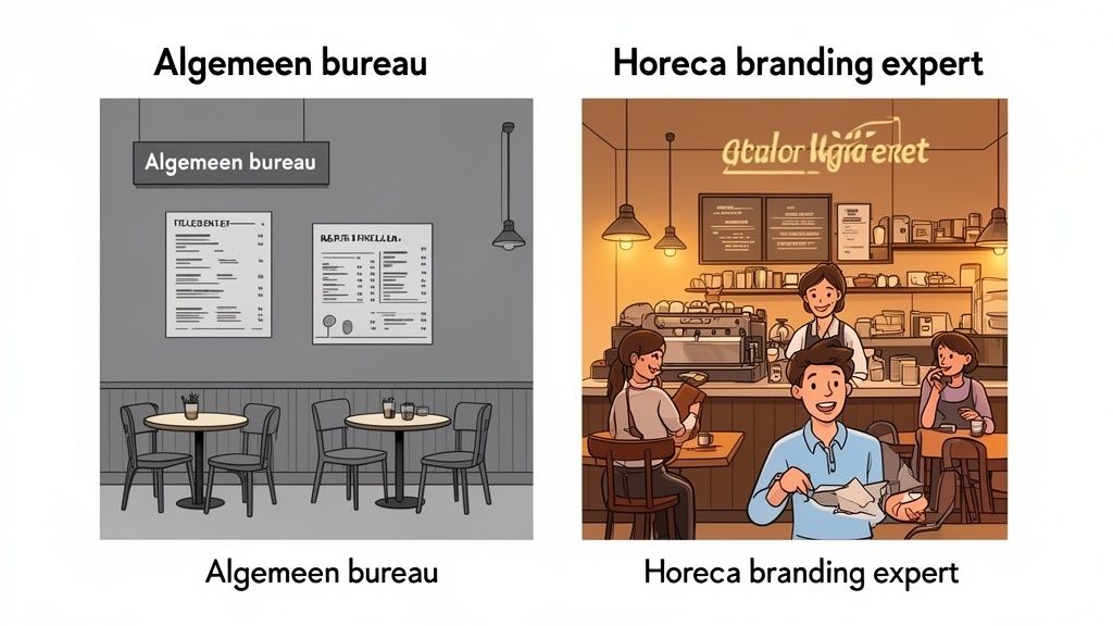 Illustratie vergelijkt een generiek caféontwerp door een algemeen bureau met een levendig horeca-interieur van een branding expert.