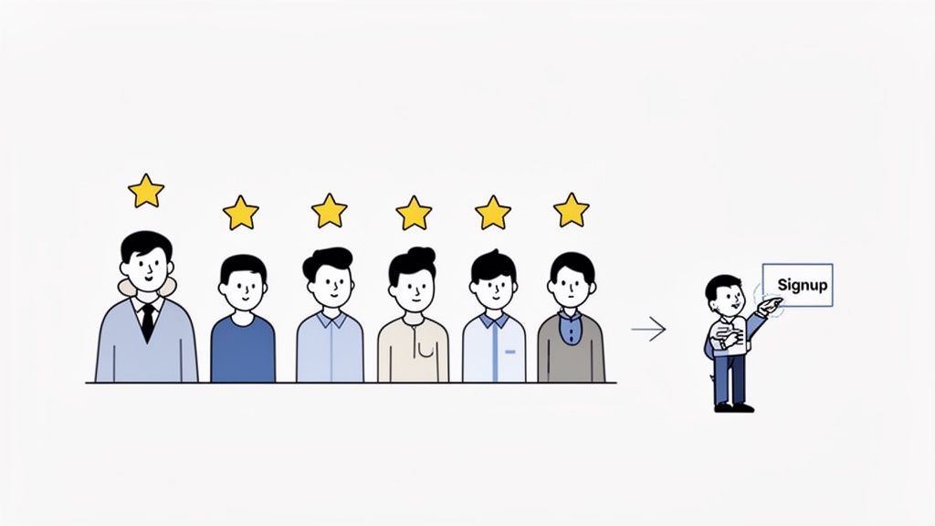 Illustratie van zes tevreden mannen met sterren, leidend tot een aanmelding.