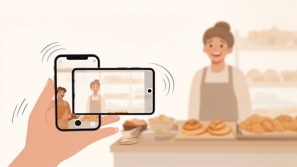 Een hand houdt twee smartphones vast die een bakker en gebak in een bakkerij tonen.