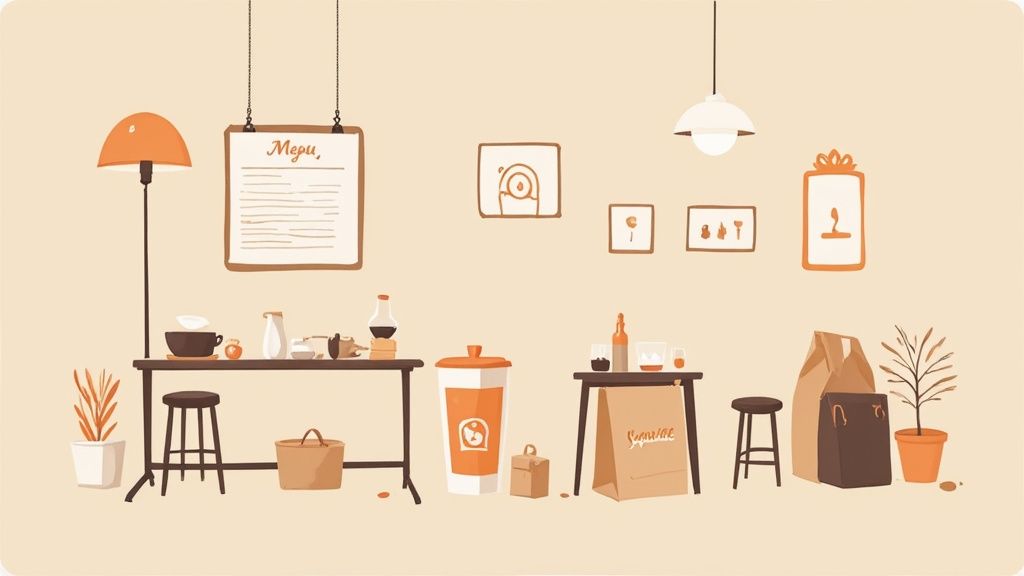 Gezellige café interieur illustratie met tafels, menu, lamp en decoratieve elementen in warme kleuren