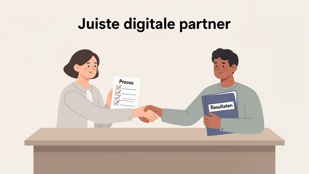 Twee mensen schudden handen, één met 'Proces' document, de ander met 'Resultaten' map, symboliserend een digitale samenwerking.