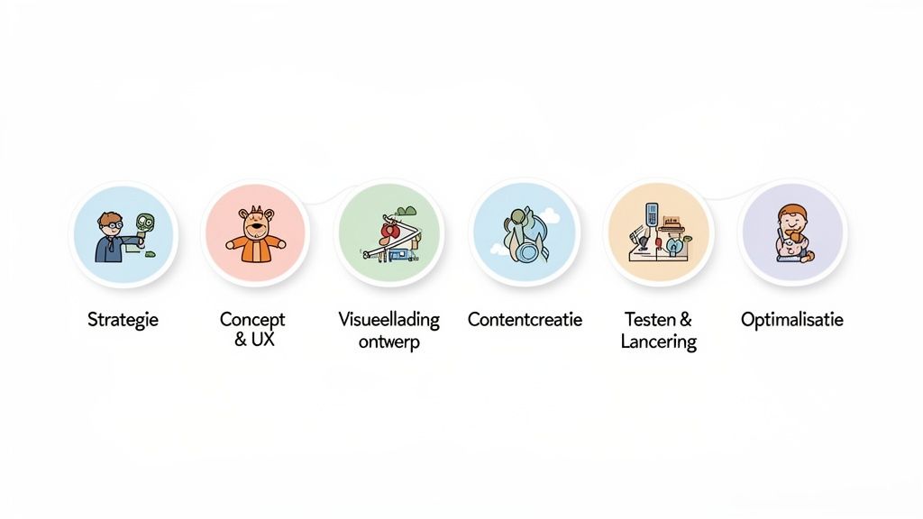 Een infographic die zes stappen van een ontwikkelingsproces toont: strategie, concept, visueel ontwerp, contentcreatie, testen en optimalisatie.