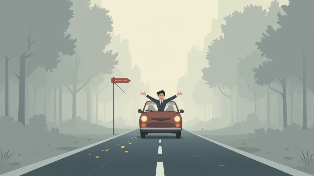 Zakenman rijdt enthousiast in rode auto op weg naar succes en nieuwe bestemming