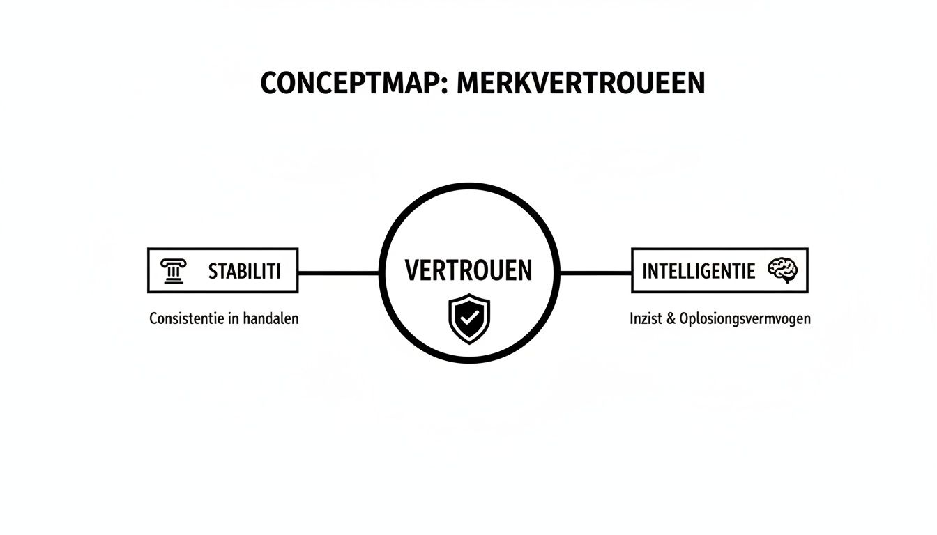Conceptmap over merkvertrouwen, met vertrouwensfactoren als stabiliteit en intelligentie. Toont consistentie en inzicht als pijlers.
