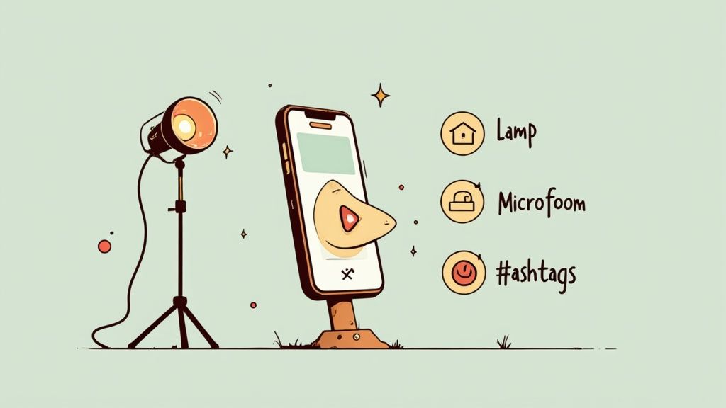 Een smartphone op een statief die een plat gelegde scène filmt voor een kookvideo.