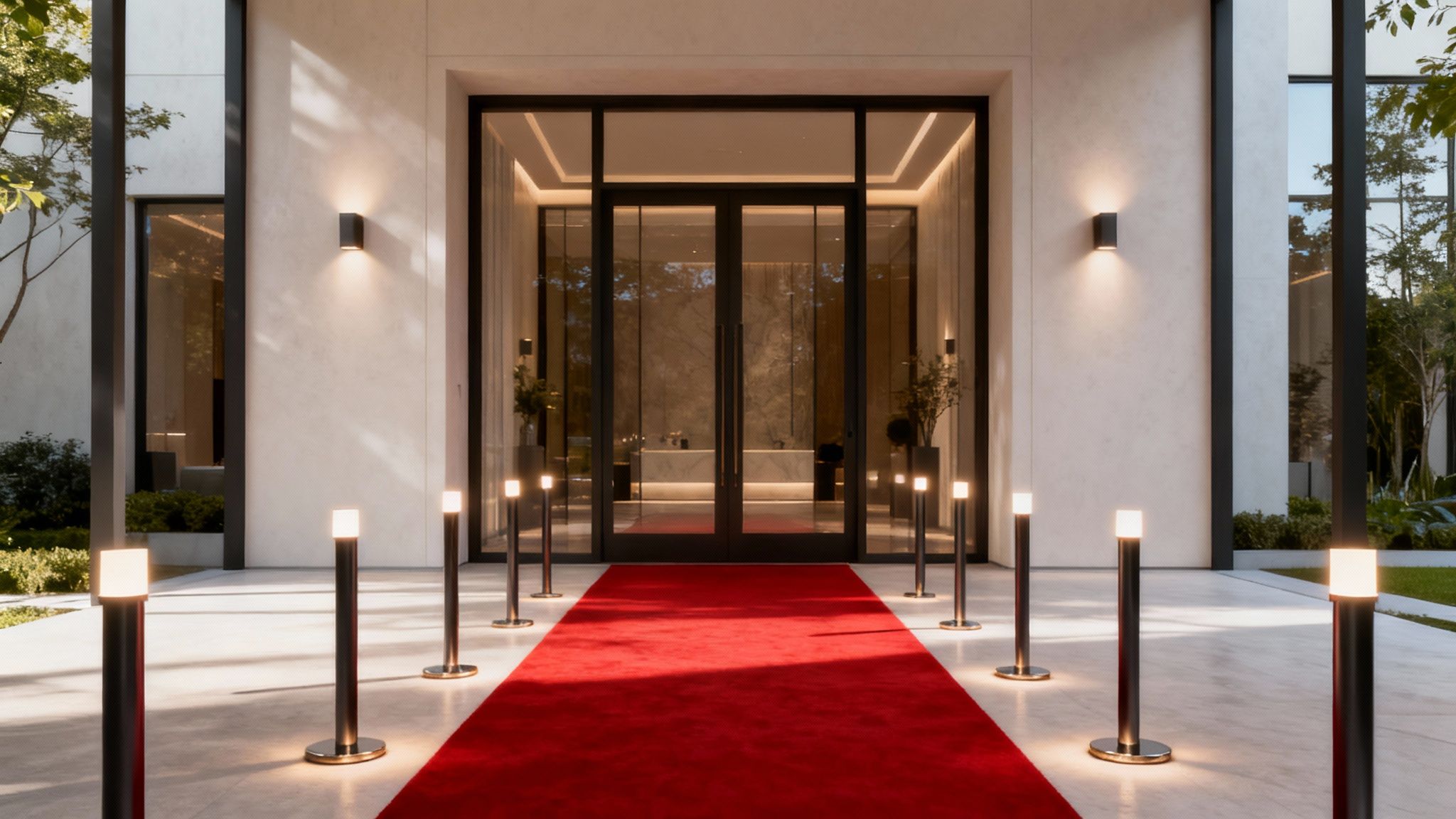 Gasten maken een stijlvolle entree over een rode loper op een evenement.