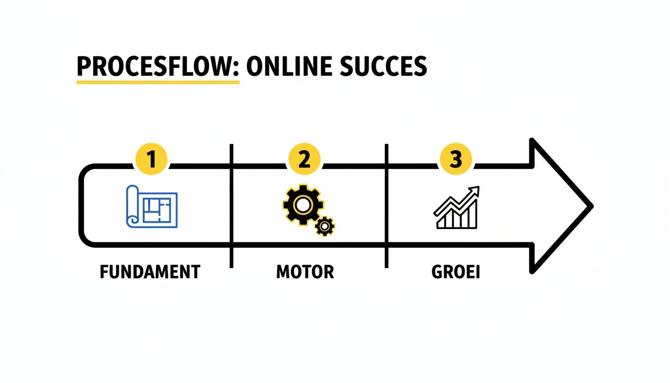 Een procesflow die de stappen voor online succes weergeeft: fundament, motor en groei, met bijbehorende iconen.