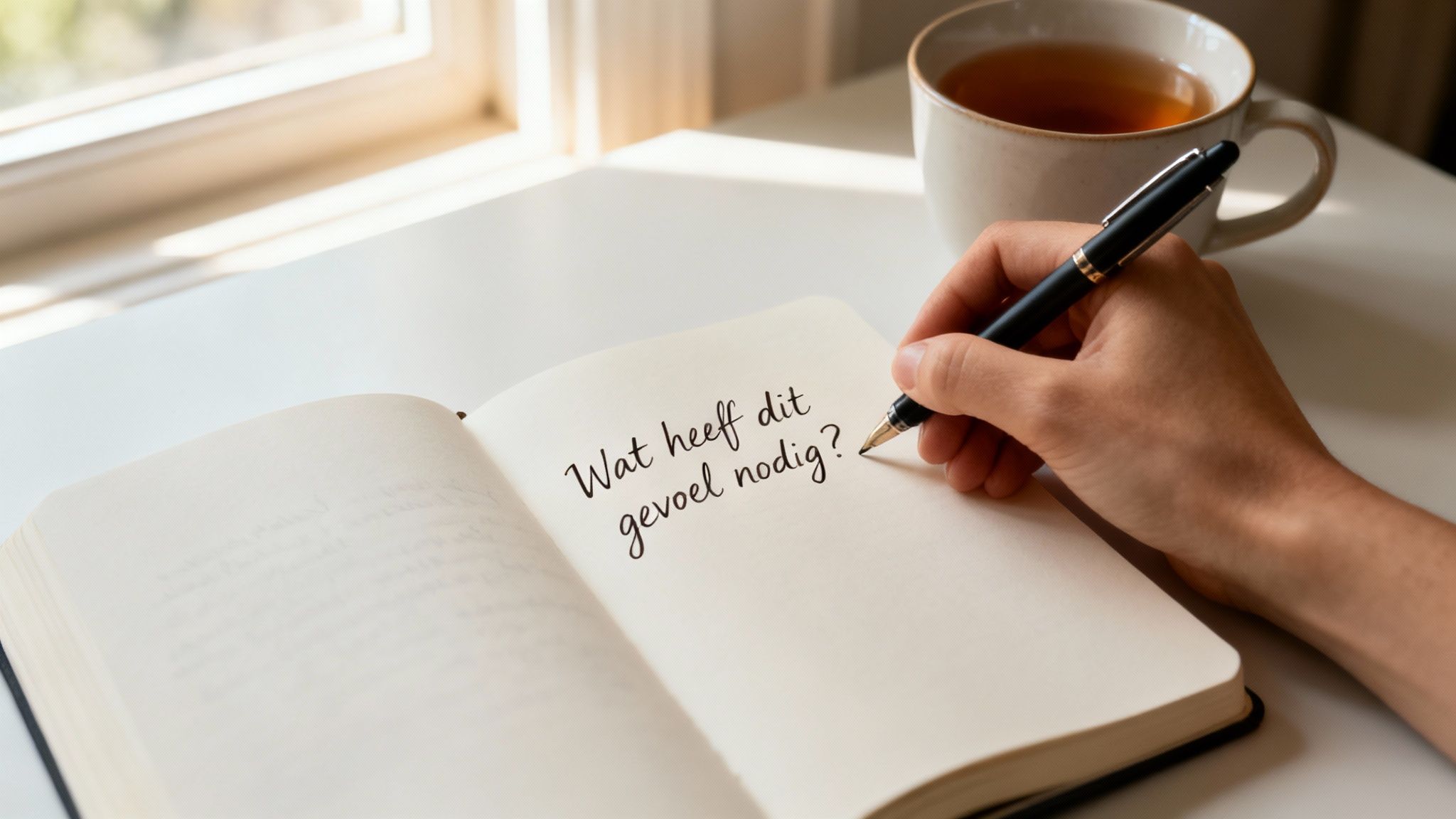 Een hand schrijft in een notitieboekje de vraag 'Wat heeft dit gevoel nodig?' naast een kopje thee bij het raam.
