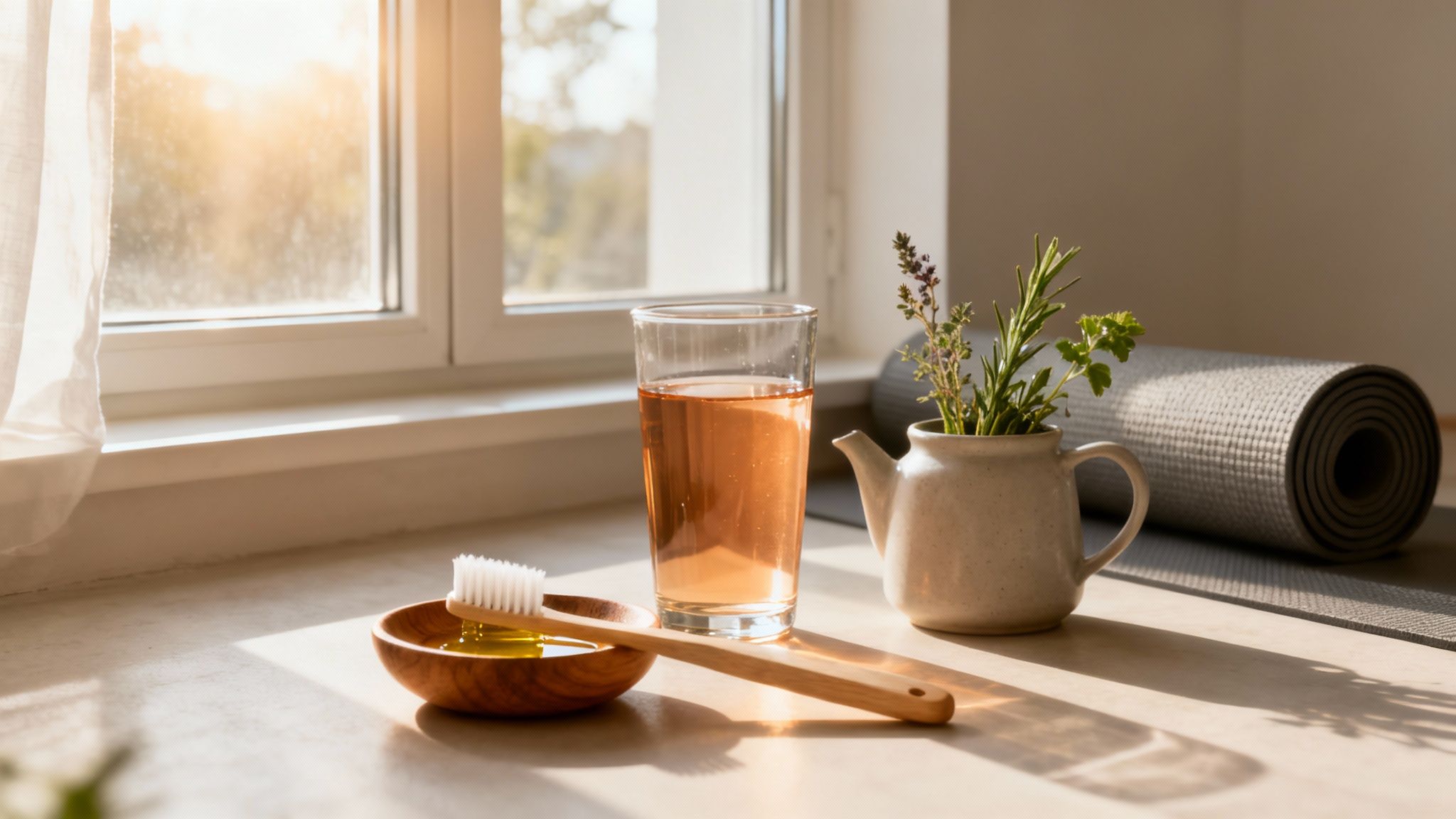 Vrouw drinkt rustig een kop thee bij het raam